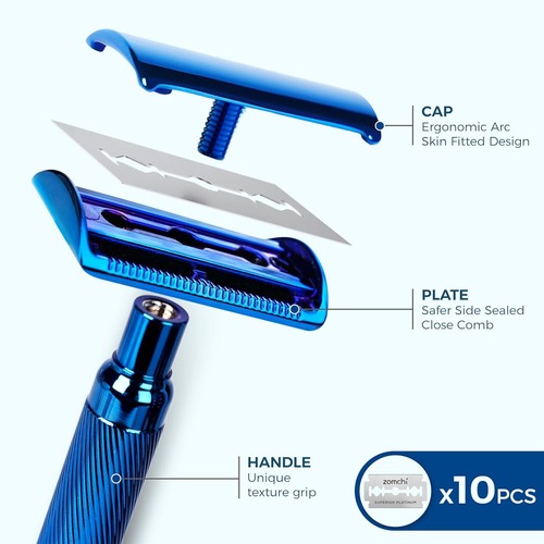 Reusable Metal Safety Razor with Stand & 10 Blades, Plastic Free - Noble Blue - Picture 3 of 7