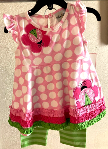 Rare Editions Pink Green Dot Stripe Ladybug Legging Set 18M, 2T - Picture 2 of 4