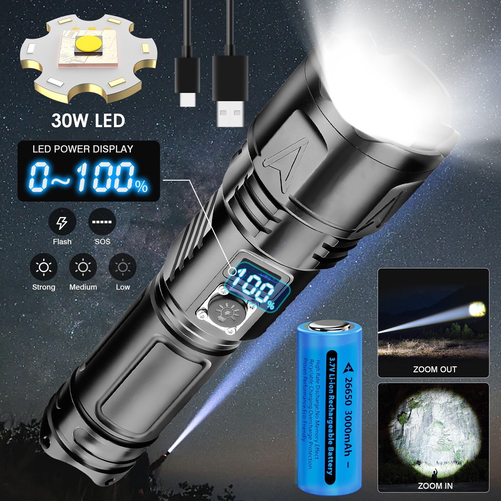 Torcia Tattica 12000000LM 8 LED – Ricaricabile USB, 18650, COB Lato, IPX6
