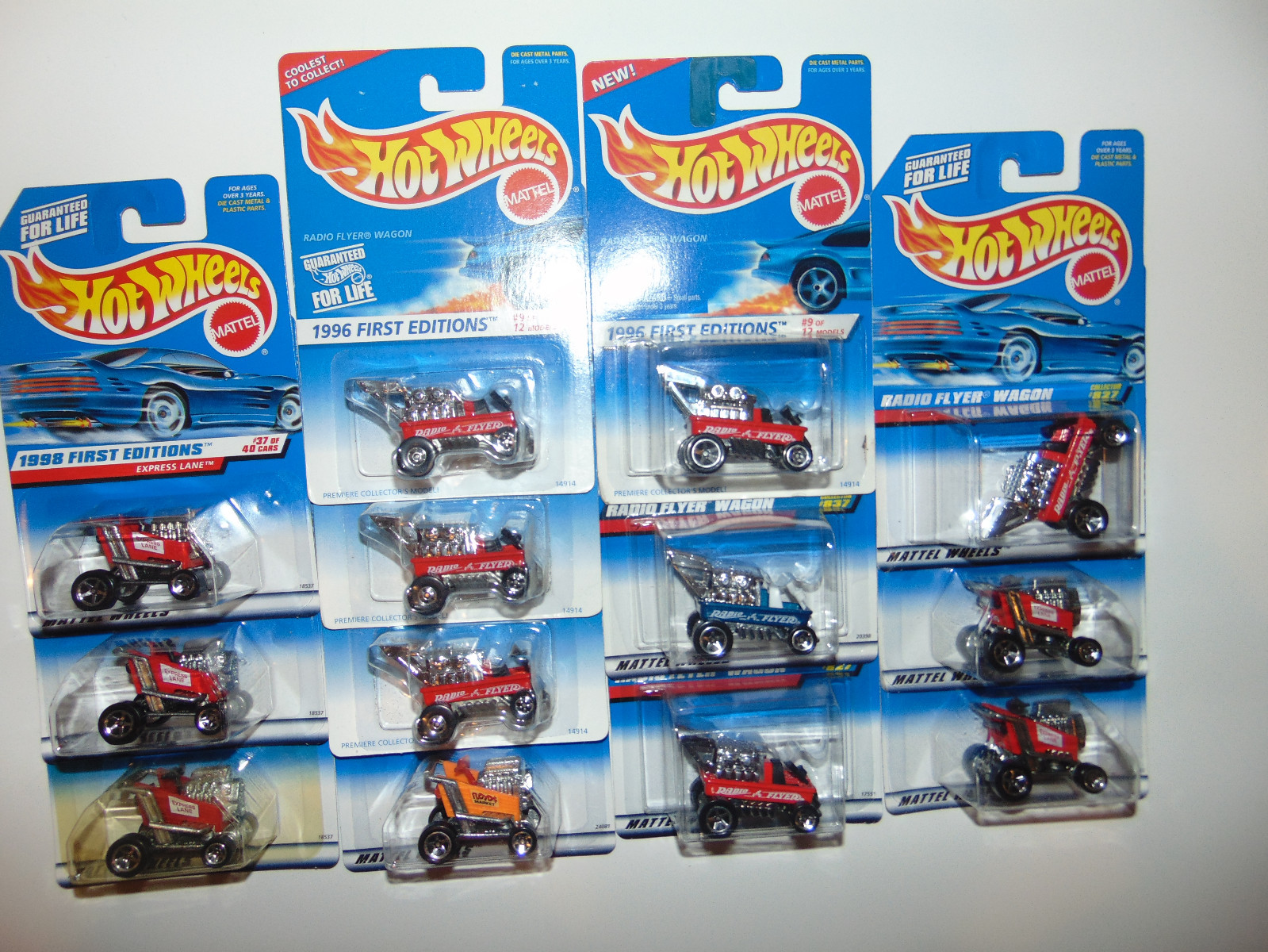 13) Hot Wheels EXPRESS LANE Radio Wagon ERROR Package Set BLUE CARD LOT