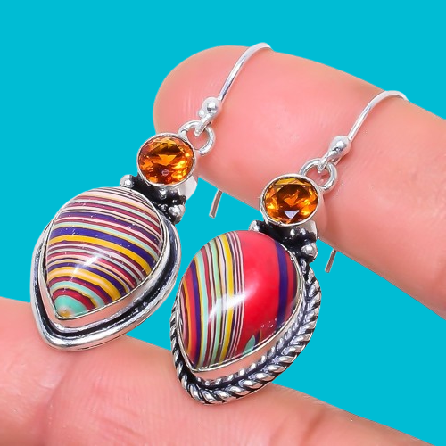 Rainbow Calsilica, Honey Topaz Gemstone 925 Sterling Silver Earring 1.7" K759 - Picture 3 of 7