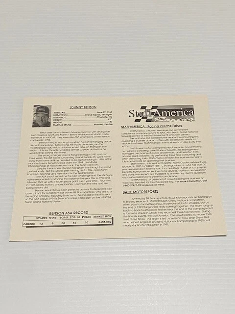 Postal/folleto vintage 1994 Johnny Benson Jr. Nascar Foto 2 de 2
