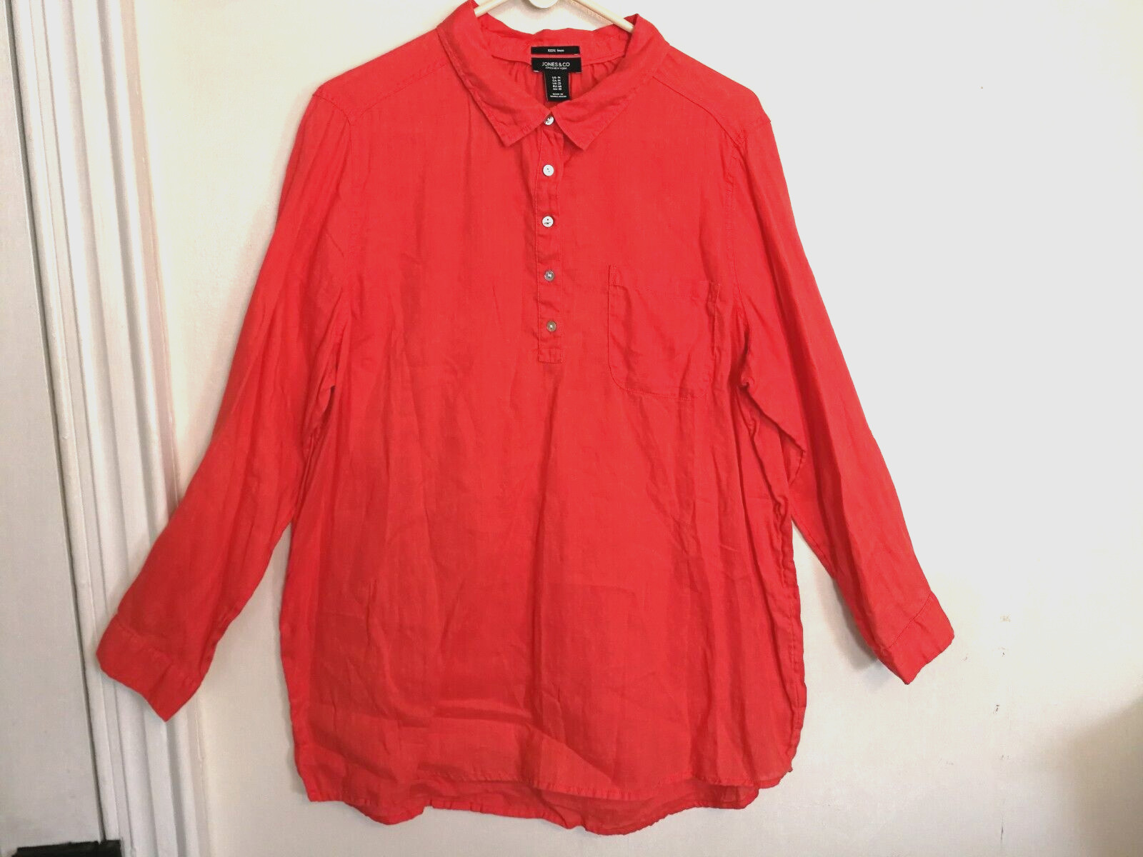 Jones New York & Co Womens Blouse 1X Plus Linen Pink Button Up Shirt Long Sleeve