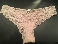Vtg Scarlet Blue M Sheer Nude Beige Lacy Thong Bikini Panties