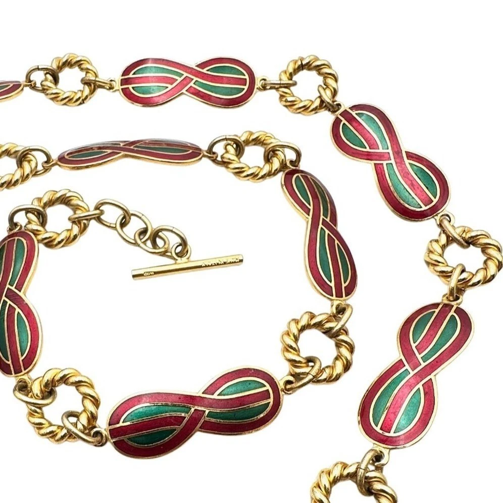 Ceinture ou collier femme vintage Gucci plaqué or rouge vert émail 36 pouces