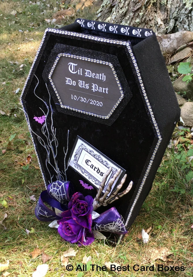 棺材婚礼卡片盒,万圣节,黑色,哥特式,织物,定制,紫色,装饰,头骨 — 第 2/4 张图片