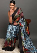Multi Color Crepe Printed Saree Party Wear Indian Pakistani Designer Sari