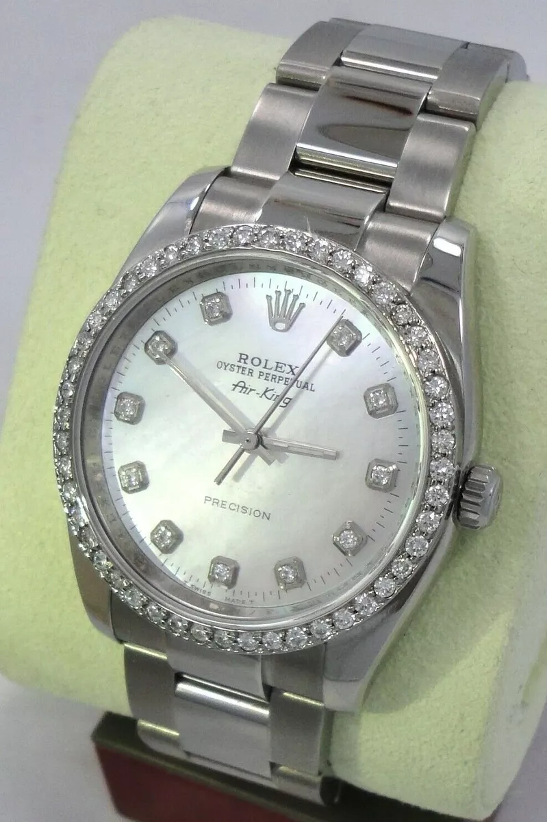 Rolex Air King 114200 1.35CT Diamonds Bezel MOP Dial Oyster Steel Watch Mint