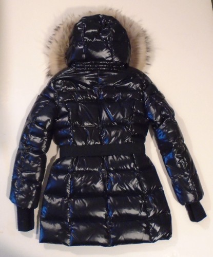 SAM New York BLACK GOOSE DOWN Belted LONG PUFFER JACKET Fur Trim Hood GIRLS 10 - Picture 2 of 8