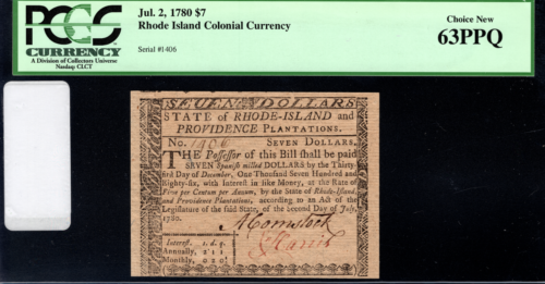 Rhode Island Colonial Note Fr#RI-287 July 2, 1780 $7 PCGS 63 PPQ - Picture 1 of 4