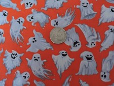 100 Cotton Fabric - Eerie Ghosts on Orange Background - By The Yard