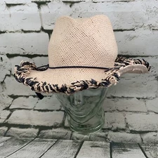 Seed Teen Paper Sun Hat Distressed Beige Black Fringe