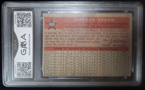 1958 Topps WARREN SPAHN ALL STAR HOF #494 GMA 5.5 EX+ HOF Braves Pitcher 1134256 - Picture 2 of 2