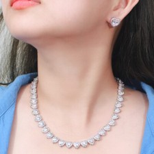 Silver Plated Zircon Heart Tennis Necklace and Earrings Women Bridal Jewelry Set