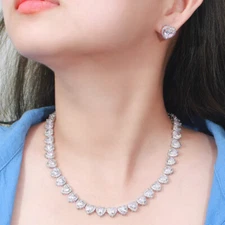 Silver Plated Zircon Heart Tennis Necklace and Earrings Women Bridal Jewelry Set