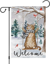 Welcome Winter Garden Flag 12X18 Double Sided, Burlap Small Snow Cat Swing for Y