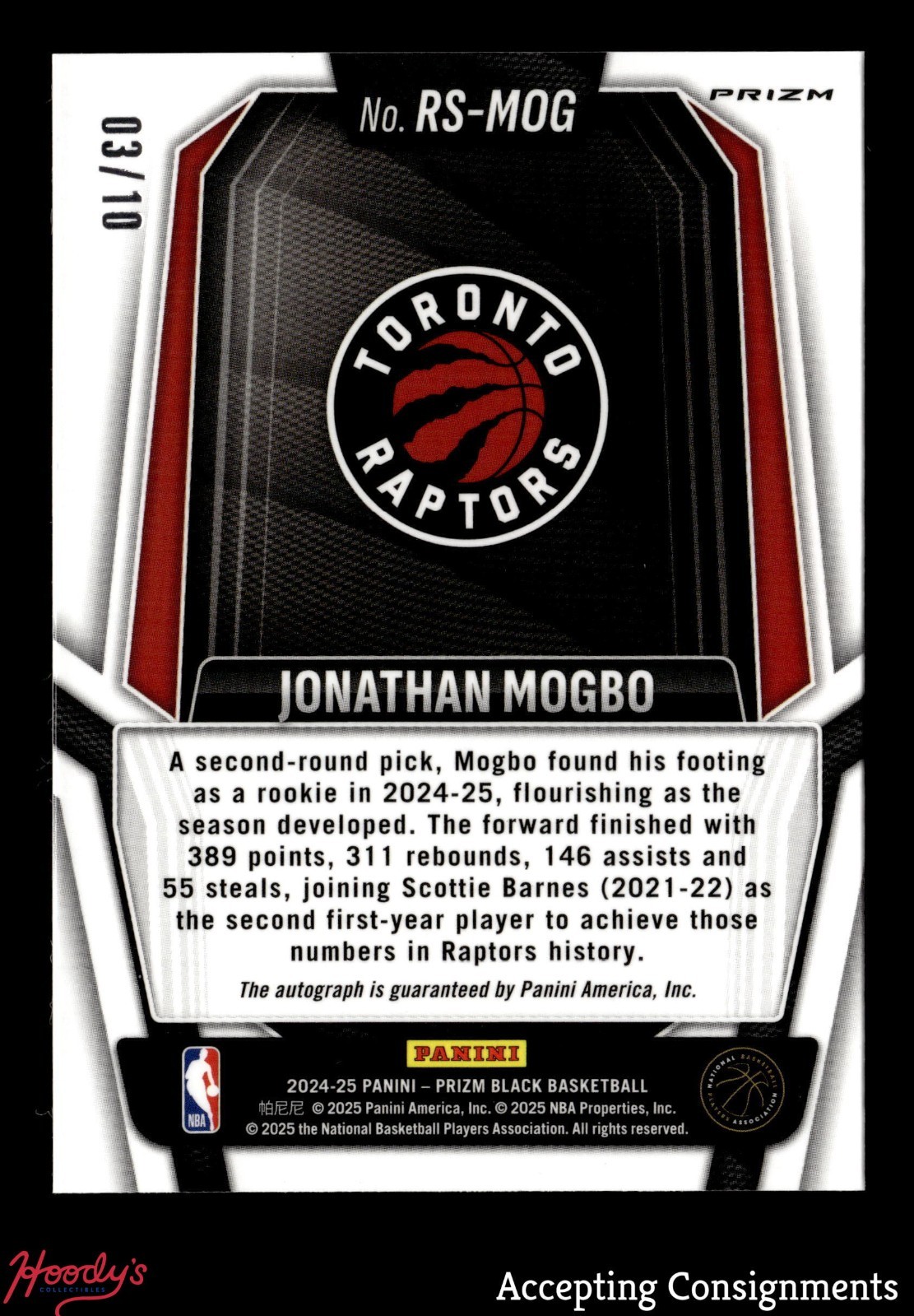 2024-25 Panini Prizm Rookie Signatures Gold Jonathan Mogbo 3/10 RC AUTO RAPTORS view 2