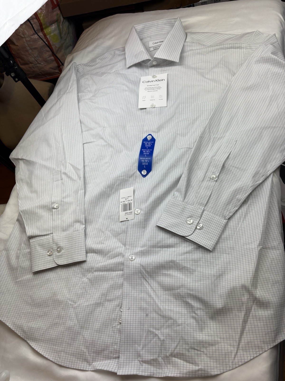 Calvin Klein Men's L White Gray Check Regular Fit Stretch Dress Shirt 16-16.5 thumbnail 5