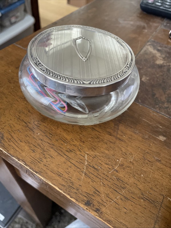 Vintage Cut Glass Crystal Vanity Dresser Jar Sterling Silver  Lid 3.5” Dia.