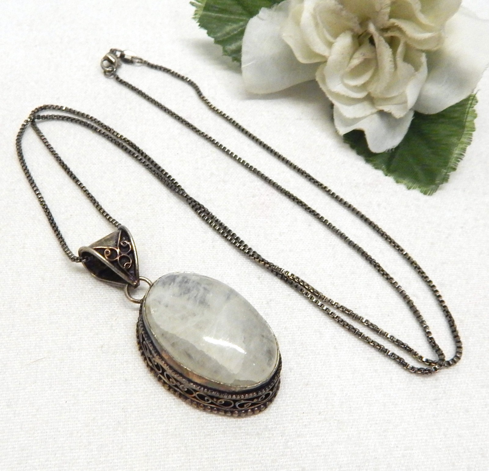Vintage925 Sterling Silver & Labradorite Gemstone Cabochon Pendant Necklace 26