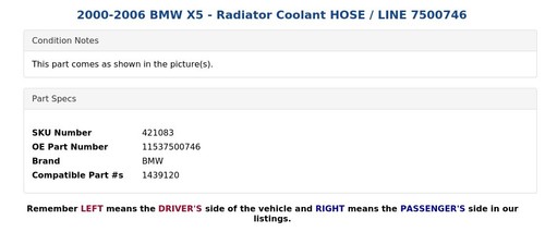 2000-2006 BMW X5 - Radiator Coolant HOSE / LINE 7500746 - Picture 4 of 5