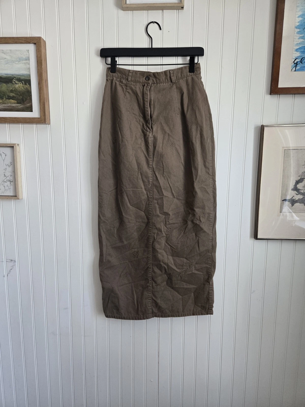 Christopher & Banks Women's Long Brown Pencil Skirt, 90's, Leaf Embroidery, Sz 4