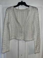 For Love  Lemons Womens White Billie Cable Knit Cropped Sweater/Cardigan Large