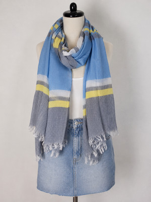 Tchibo XL Scarf Womens 100x200cm - Lightweight Summer Scarf Blue Grey Yellow with Fringe