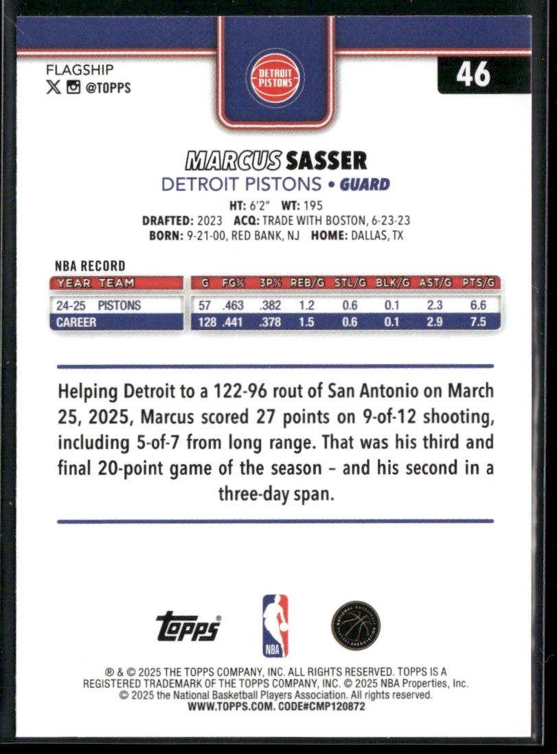 Marcus Sasser 2025-26 Topps #46 Detroit Pistons