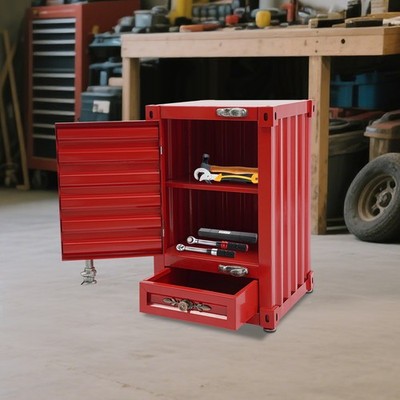 Nightstand With Lock Red Industrial End Table Storage Cabinet 2 Drawer