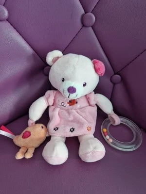 DOUDOU PELUCHE D'ACTIVITE OURS ROSE ROBE OISEAU ÉTOILES BRODÉES POMMETTE - Photo 1/2