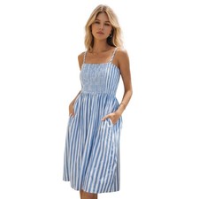 Free Assembly Blue White Stripe Smocked Bodice Midi Sundress Pockets M Summer