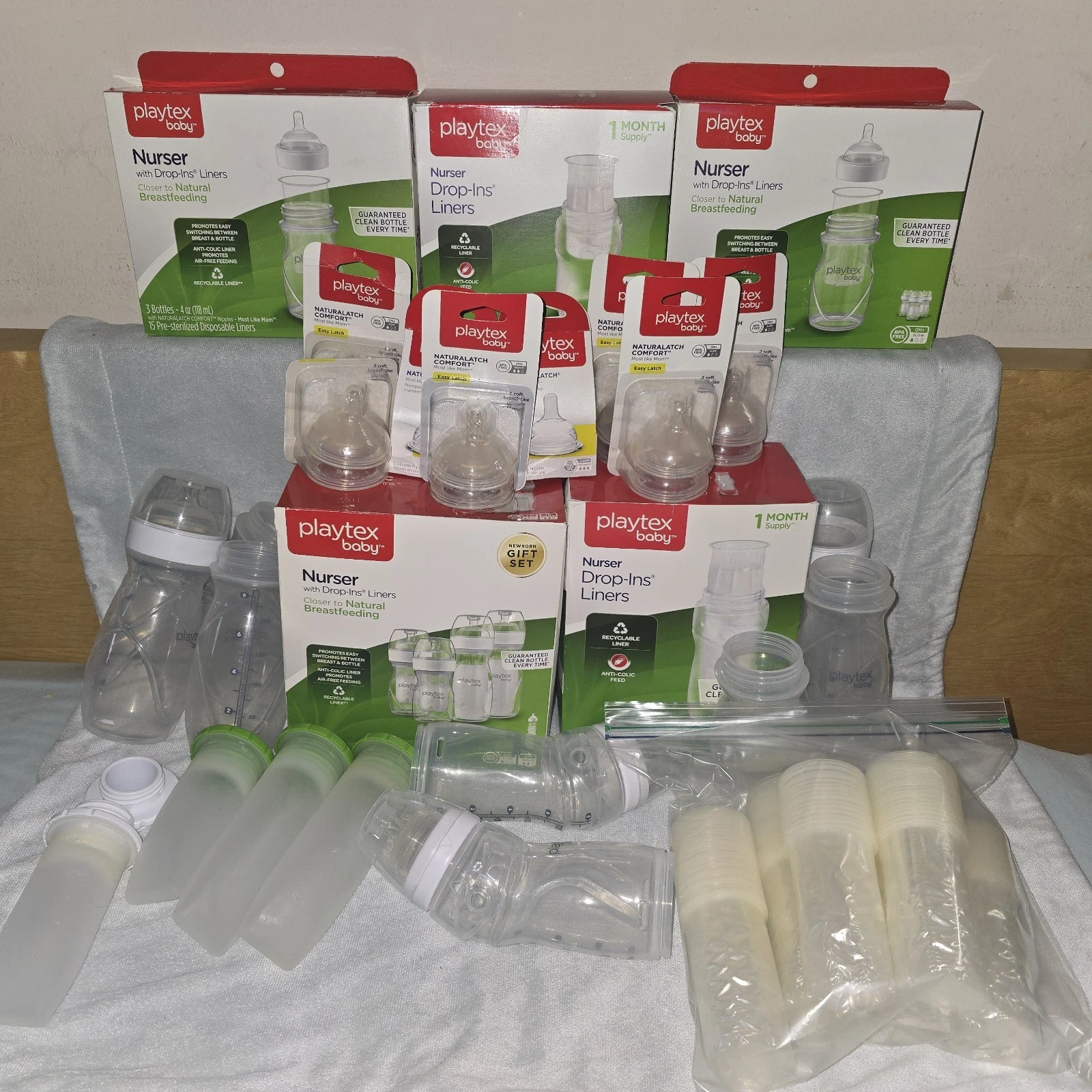 PLAYTEX Baby Drop-ins Lot - 4 & 8 Oz Nurser Bottles, Refill Liners, Nipples, Pod
