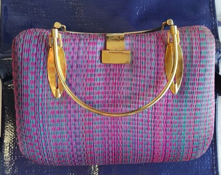 Bolso de Mano Vintage BEQUIZO Multicolor Estuche Rígido Buntal Buri Paja 1960 FILIPINAS Foto 3 de 4