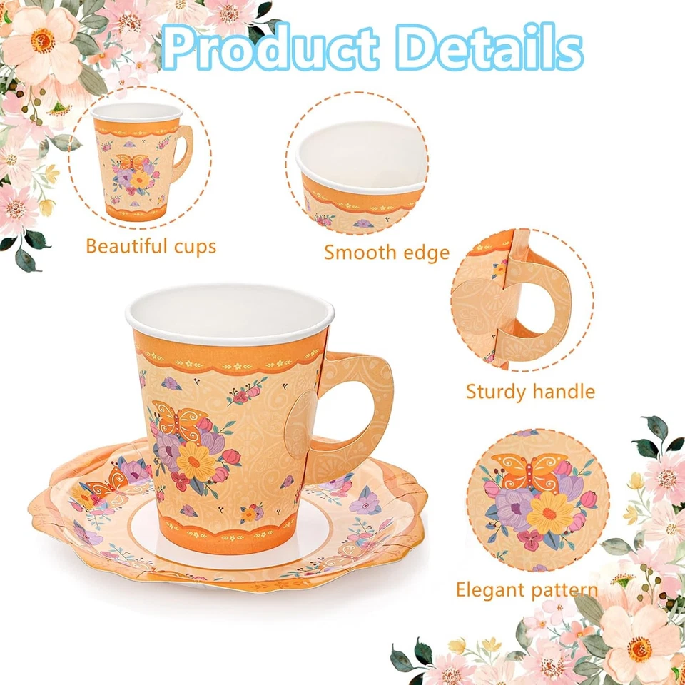 Frcctre 50 Pack Floral Paper Tea Cups and Saucers, 9 oz Middle, Green+Orange  - Image 3 of 4