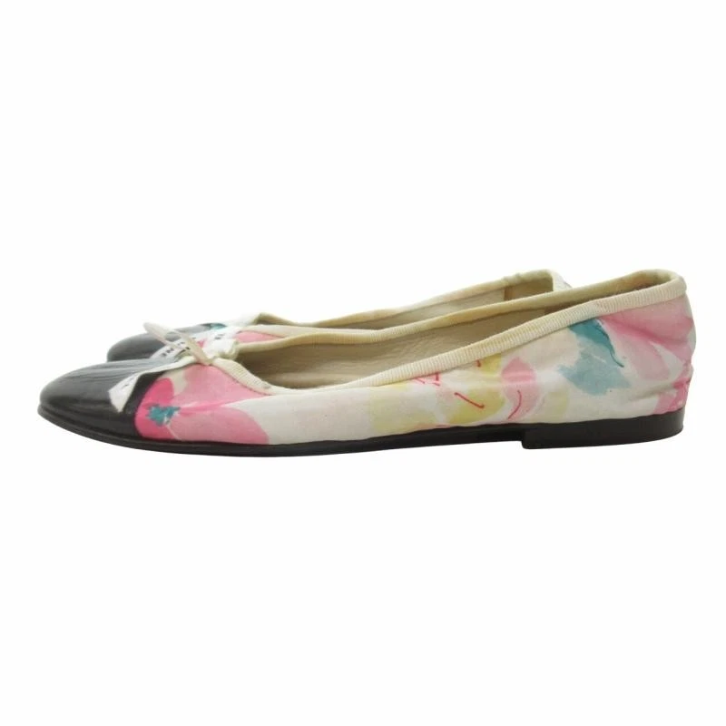 CHANEL Ballet Planos Floral Cinta Lona Cuero Beige Negro 36.5 - 6.5US W8cm Foto 2 de 4