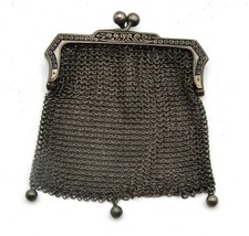 ANTIQUE GERMAN SILVER CHATELAINE CHAINMAIL COIN PURSE DATED 1917 