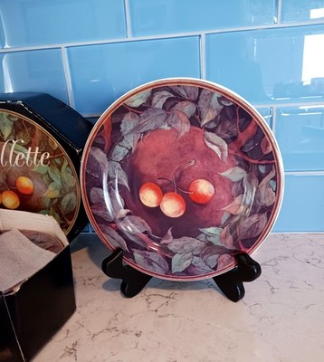 Gien France Canape Plate Set with Original Box Cerise Cueillette Fruit & Leaves