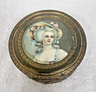 Antique Vanity Box w Beautiful Woman on Lid Brass w Velvet Lining 4.5 W x 1 5/8T