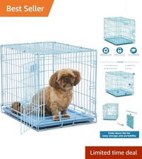 Compact 24-Inch Blue Metal Dog Crate with Divider  Floor Protecting Roller Feet