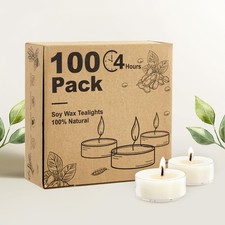 Unscented Soy Tea Lights Candles 100 Pack Bulk, 4 Hours Long Burning White Te...