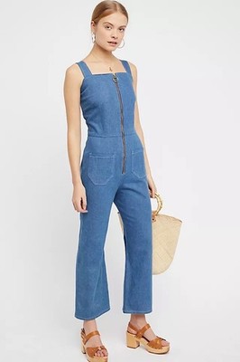 Lykke Wullf Fibi Large Jumpsuit Denim Sleeveless Wide Leg EUC Zip Up Free People