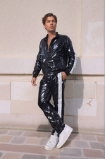 PU Nylon Track Set – Glossy Black and White Striped Athletic Suit for Men/Women