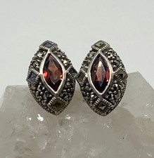 JUDITH JACK Sterling Silver 925, Garnet & Marcasite Stud Post Pierced Earrings