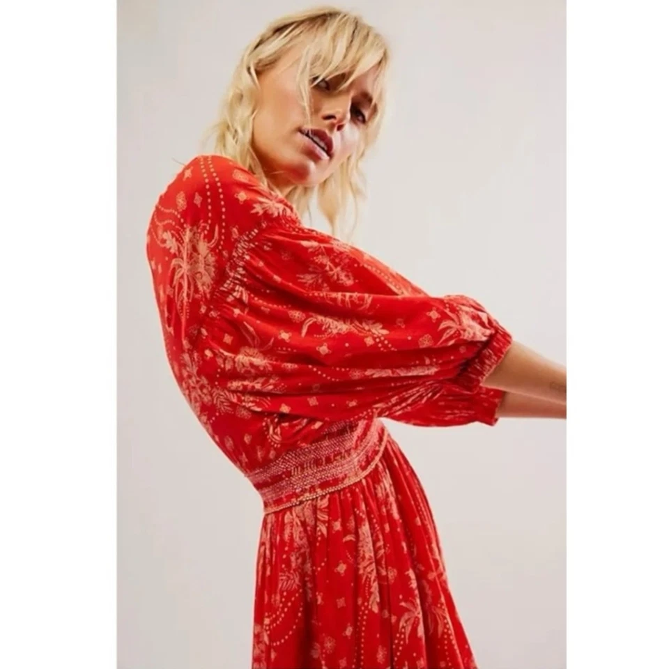 Maxi Vestido Free People Golden Hour Rojo Cereza Grande Bohemio Gitano Retro Años 70 Foto 3 de 4