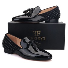 FERUCCI Black Patent Leather Loafer with Spikes Slippers Flat Prom Wedding