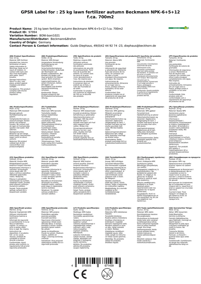 25 kg Rasendünger Herbst Beckmann NPK-6+5+12  f.ca. 700m² - Bild 3 von 3