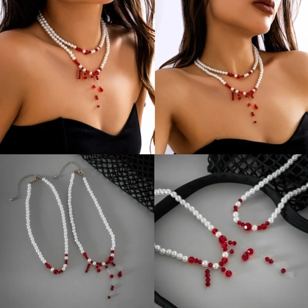 Red Color Multilayer Necklace for Women Halloween Party Cosplay