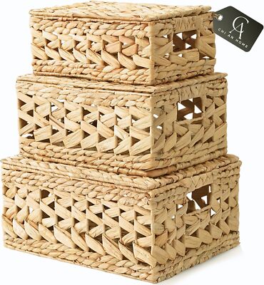 14in Wicker Storage Baskets with Lids,Set of 3 Natural Water Hyacinth Decorative