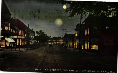 Vintage Postcard- 4067 X. BUSINESS STREET SCENE. NORMAL, IL. Posted 1913